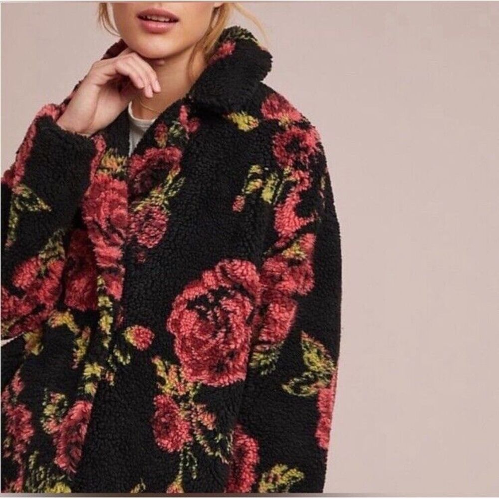 Anthropologie Black and Red Floral Teddy Jacket